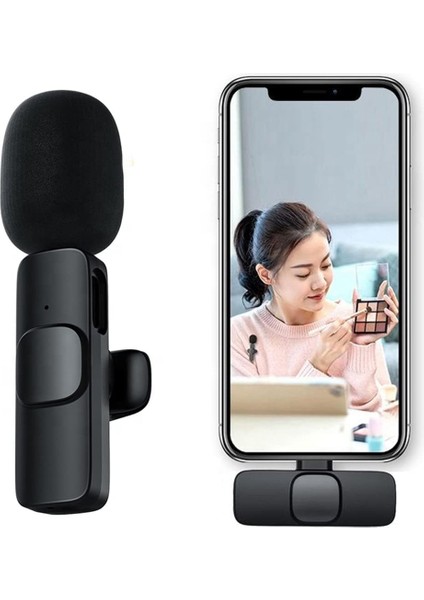 Type-C Kablosuz Cep Telefonu Için Gürültü Önleyicili Profesyonel Dış Mekan Mikrofonu USB C Girişli Vlog Canlı Yayın Youtuber Kablosuz Yaka Mikrofonu (Siyah)