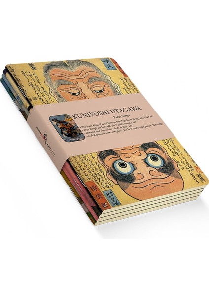 Faces Series - A5, Kuniyoshi Utagawa 4'lü Defter Seti I, Çizgisiz, Toplam 256 Sayfa, Her Biri 64 Sayfa, Tel Dikiş, Esnek Kapak, Oval Kenar, Tuval Doku, 60 gram, Sarı Krem Renk