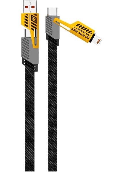 4 In 1 65/27 W 2 To 2 Flat Fast Wıre Cable Pd USB Type C Ios 4 Lü Hasır Şarj ve Data Kablo