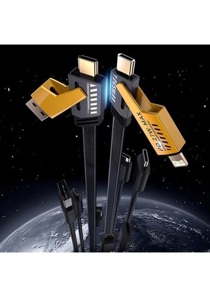 4 In 1 65/27 W 2 To 2 Flat Fast Wıre Cable Pd USB Type C Ios 4 Lü Hasır Şarj ve Data Kablo