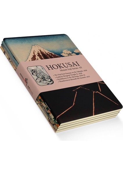 Mount Fuji Series - A5, Hokusai 4'lü Defter Seti, Çizgisiz, Toplam 256 Sayfa, Her Biri 64 Sayfa, Tel Dikiş, Esnek Kapak, Oval Kenar, Tuval Doku, 60 gram, Sarı Krem Renk