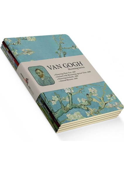 Blooming Series - A5, Van Gogh 4'lü Defter Seti Iı, Çizgisiz, Toplam 256 Sayfa, Her Biri 64 Sayfa, Tel Dikiş, Esnek Kapak, Oval Kenar, Tuval Doku, 60 gram, Sarı Krem Renk