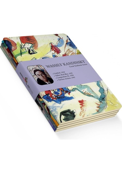 great Synthesis Series - A5, Wassily Kandinsky 4'lü Defter Seti I, Çizgisiz, Toplam 256 Sayfa, Her Biri 64 Sayfa, Tel Dikiş, Esnek Kapak, Oval Kenar, Tuval Doku, 60 gram, Sarı Krem Renk