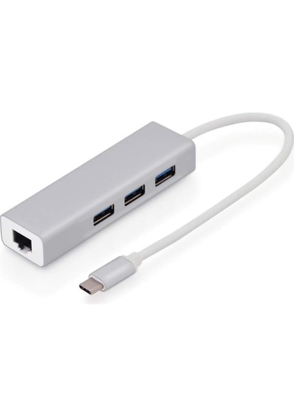 Type C Ethernet 1000MBPS - 1 Gigabit RJ45 Adaptör ve 3 USB Bağlantı Noktası 3.0 Data Hub MacBook Air/pro iMac Acer Hp ile Uyumlu - Gümüş