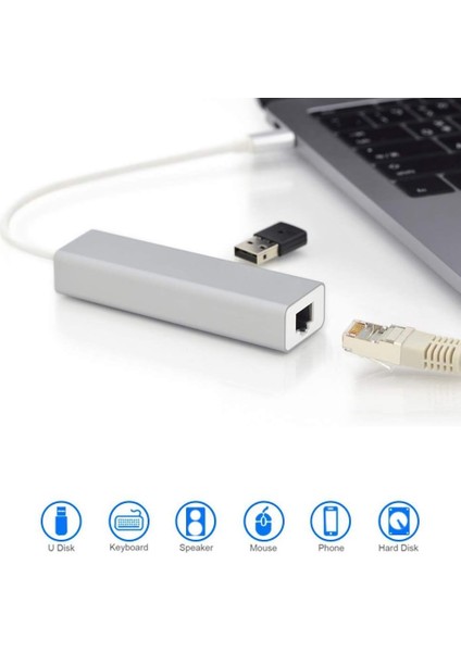 Type C Ethernet 1000MBPS - 1 Gigabit RJ45 Adaptör ve 3 USB Bağlantı Noktası 3.0 Data Hub MacBook Air/pro iMac Acer Hp ile Uyumlu - Gümüş