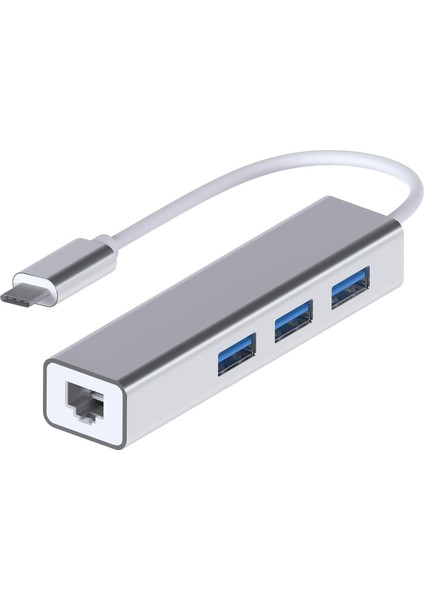 USB Tip C Ethernet 1000MBPS - 1 Gigabit RJ45 Adaptör ve 3 USB Bağlantı Noktası 3.0 Data Hub MacBook Air/pro iMac Acer Hp ile Uyumlu - Gümüş