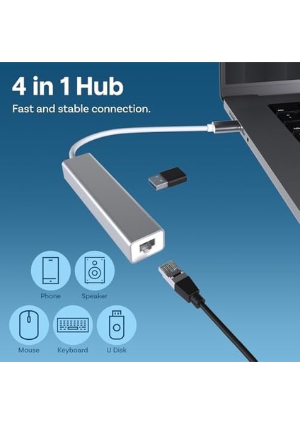 USB Tip C Ethernet 1000MBPS - 1 Gigabit RJ45 Adaptör ve 3 USB Bağlantı Noktası 3.0 Data Hub MacBook Air/pro iMac Acer Hp ile Uyumlu - Gümüş