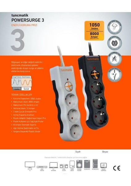 Tuncmatik TSK19010 Powersurge 3-Surge Protectıon PLUG-1050 Joule- Wıth Cable Siyah