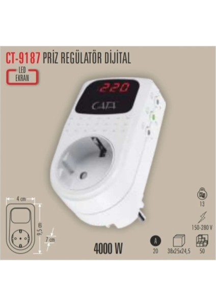 CT-9187 Dijital Akım Korumalı Tekli Topraklı Priz Regülatör