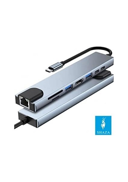8in1 USB Type-C Hub Port Adaptör HDMI USB Ethernet Pd Girişli, Gri