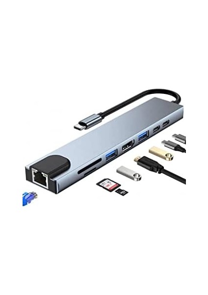 8in1 USB Type-C Hub Port Adaptör HDMI USB Ethernet Pd Girişli, Gri