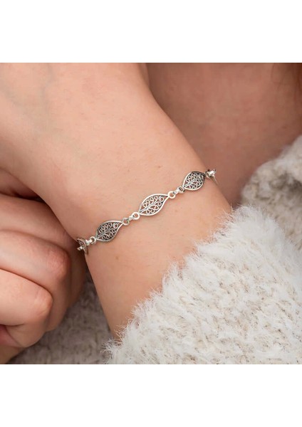 Gümüş Telkari Yaprak Desenli Kadın Bileklik indirimleri