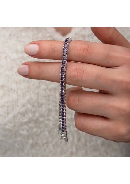 Gümüş Mor Zirkon Taşlı Su Yolu Kadın Bileklik