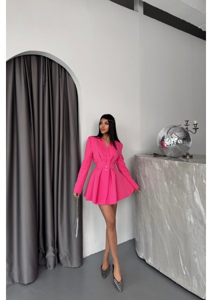 Ceket Elbise Pens Detaylı - Pembe