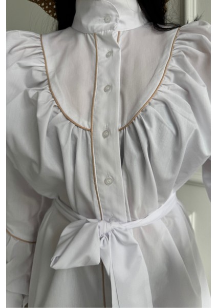 Butik Önden Düğmeli Poplin Kloş Elbise Bağlama Kemer Detaylı - Beyaz