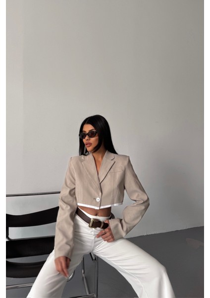 Crop Ceket Tek Düğme - Bej