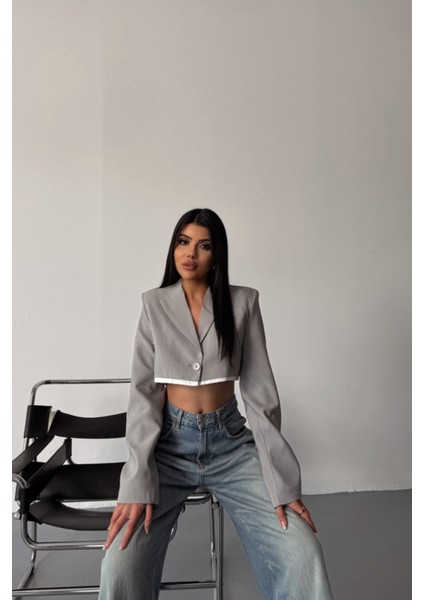 Crop Ceket Tek Düğme - Gri