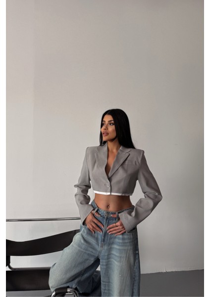Crop Ceket Tek Düğme - Gri