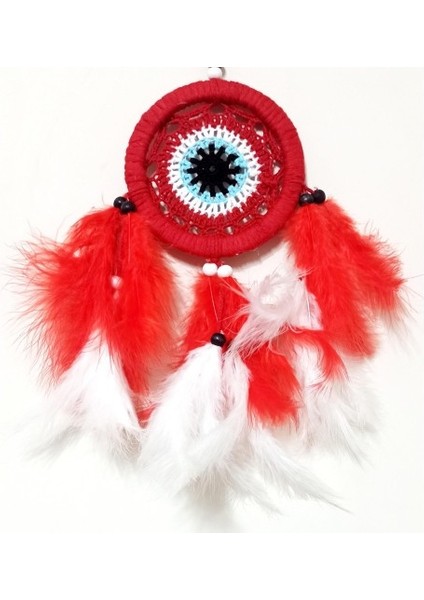 Kırmızı ve Beyaz Kuş Tüylü Dream Catcher El Yapımı Mini Duvar Süsü Tdrtr