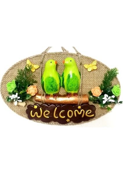 Yeşil Kuşlu Welcome Yazılı El Yapımı Kapı Süsü Tdrtr