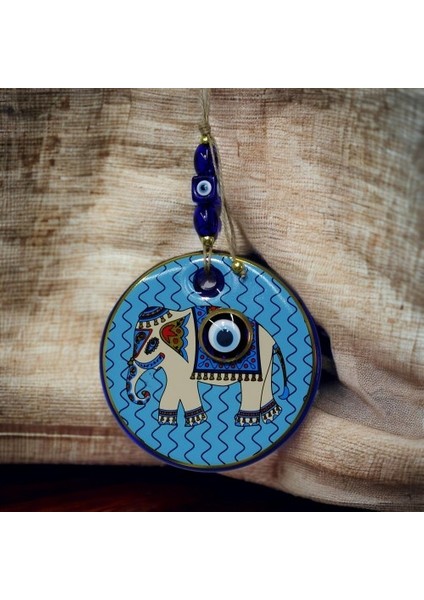 Yaldızlı Fil Modelli Nazar Boncuklu Duvar Süsü Mavi Camlı Duvar Dekoru Tdrtr fiyatları