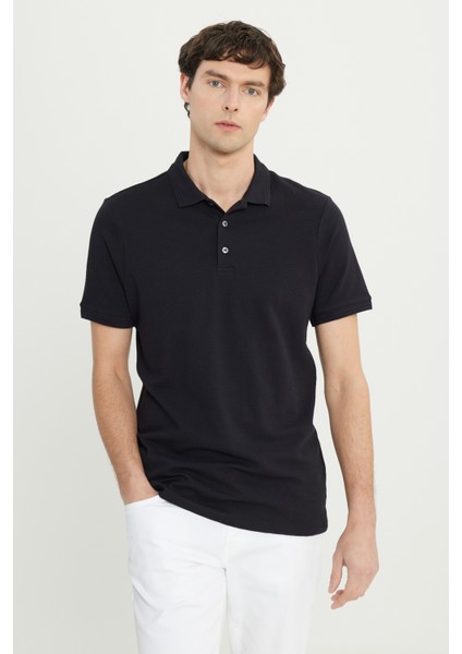 Pamuklu Slim Fit Dar Kesim Polo Yaka Jakarlı Esnek Tişört