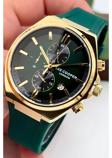 LC07854.177 Yeşil Renk Silikon Kordon Gold Renk Çelik Kasa Erkek Kol Saati ZMLC004