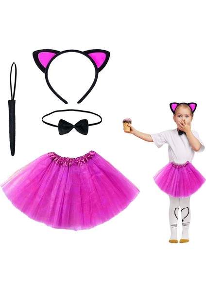 Fuşya Renk Etekli Kedi Kostüm Seti (Tütü, Taç, Papyon, Kuyruk)