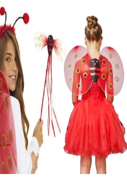 Kırmızı Renk Uğur Böceği Kanadı Eteği Tacı ve Sopası 4 Lü Kostüm Seti