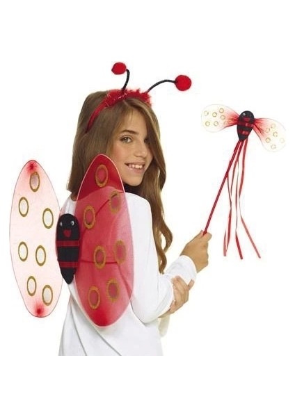 Kırmızı Renk Uğur Böceği Kanadı Eteği Tacı ve Sopası 4 Lü Kostüm Seti fiyatları