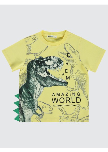 Dinozor World Baskılı 2-5 Yaş Tişört Açık Sarı