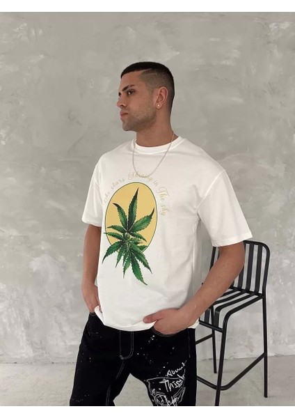Ön ve Arka Baskılı Oversize Bisiklet Yaka T-Shirt- Beyaz