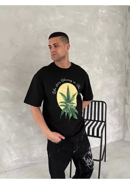 Ön ve Arka Baskılı Oversize Bisiklet Yaka T-Shirt- Siyah