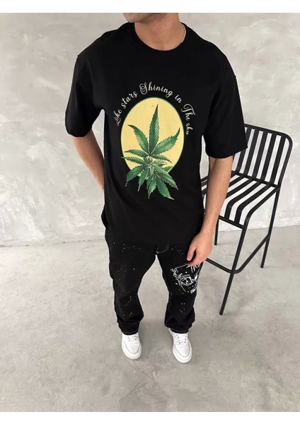 Ön ve Arka Baskılı Oversize Bisiklet Yaka T-Shirt- Siyah