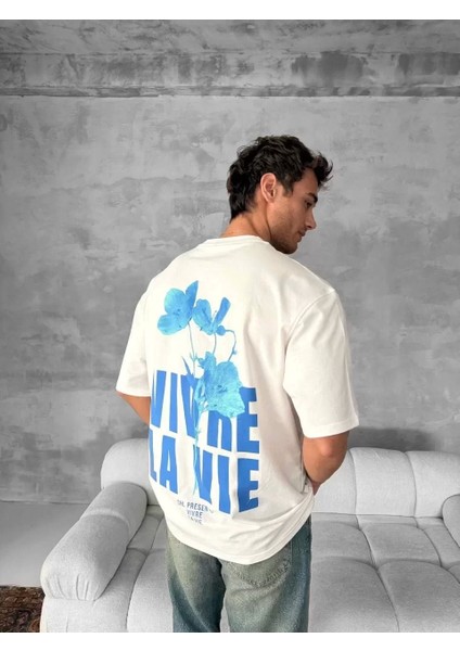 Ön ve Arka Baskılı Oversize Bisiklet Yaka T-Shirt- Beyaz