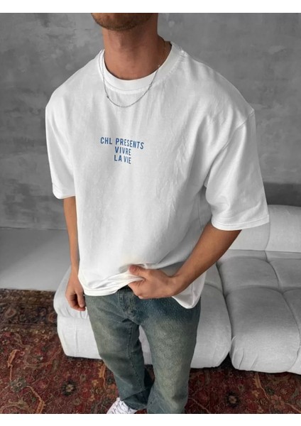 Ön ve Arka Baskılı Oversize Bisiklet Yaka T-Shirt- Beyaz