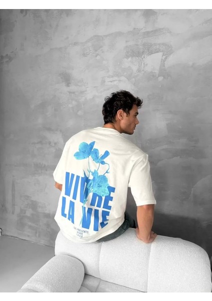 Ön ve Arka Baskılı Oversize Bisiklet Yaka T-Shirt- Beyaz