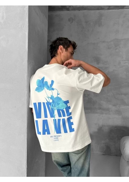 Ön ve Arka Baskılı Oversize Bisiklet Yaka T-Shirt- Beyaz