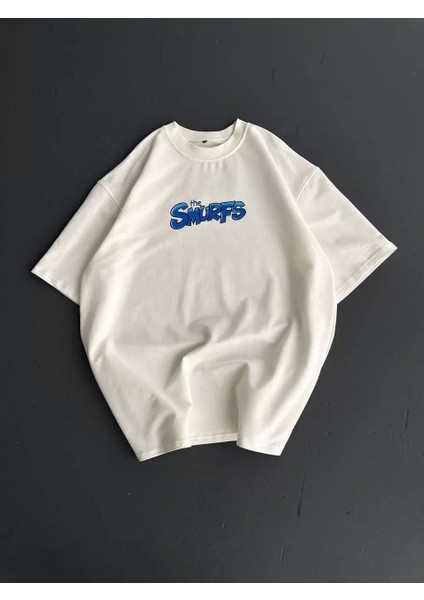 Ön ve Arka Baskılı Oversize Bisiklet Yaka T-Shirt- Beyaz