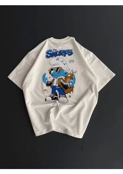 Ön ve Arka Baskılı Oversize Bisiklet Yaka T-Shirt- Beyaz