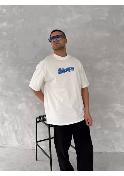 Ön ve Arka Baskılı Oversize Bisiklet Yaka T-Shirt- Beyaz