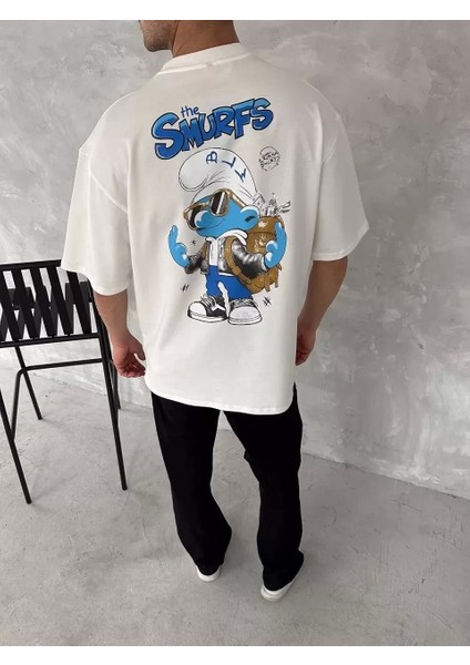 Ön ve Arka Baskılı Oversize Bisiklet Yaka T-Shirt- Beyaz