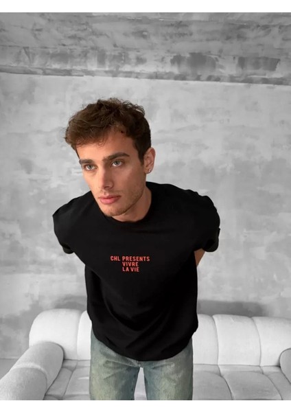 Ön ve Arka Baskılı Oversize Bisiklet Yaka T-Shirt- Siyah