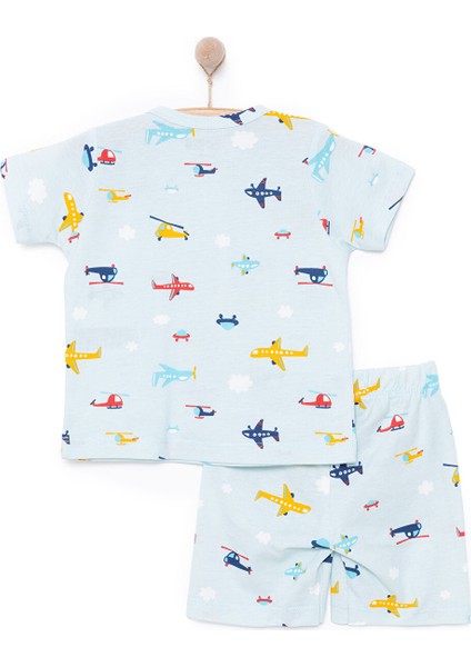 Erkek Kısa Kol Uçak Desenli Bisiklet Yaka Pijama Takımı