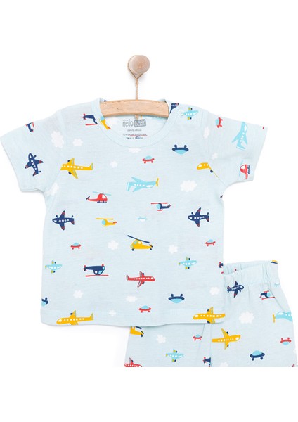Erkek Kısa Kol Uçak Desenli Bisiklet Yaka Pijama Takımı