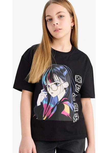 Kız Çocuk Relax Fit Bisiklet Yaka Baskılı Kısa Kollu Tişört E0389A825SM