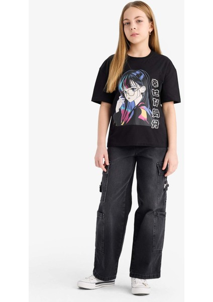 Kız Çocuk Relax Fit Bisiklet Yaka Baskılı Kısa Kollu Tişört E0389A825SM fiyatları