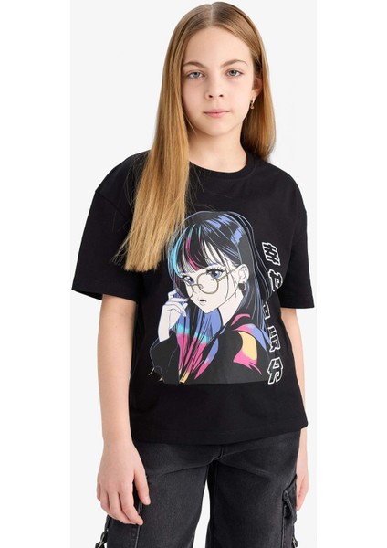 Kız Çocuk Relax Fit Bisiklet Yaka Baskılı Kısa Kollu Tişört E0389A825SM fırsatları
