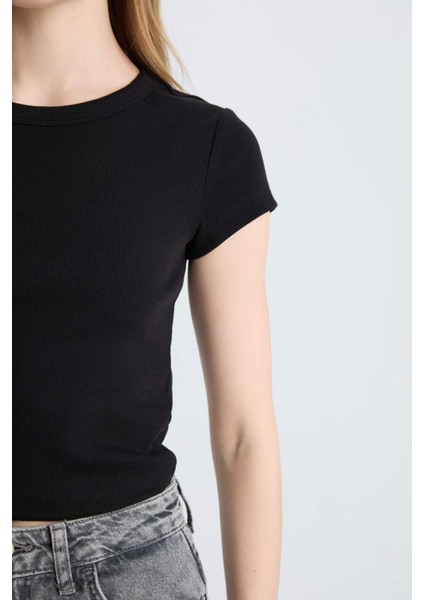 Coool Fitted Basic Düz Fitilli Kaşkorse Kısa Kollu Siyah Tişört E0287AX25SM