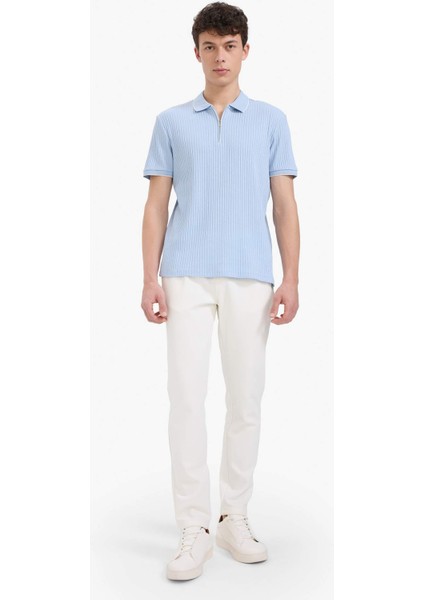 Slim Fit Dar Kesim Kısa Kollu Fitilli Kaşkorse Yarım Fermuarlı Polo Tişört D3948AX25SM